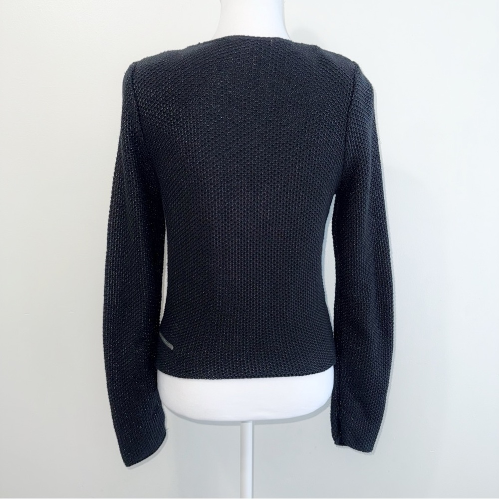 MAJE EMPIRE SHIMMERY BLACK KNIT SILVER ZIPPER MOTO BLAZER JACKET - Picture 4 of 12